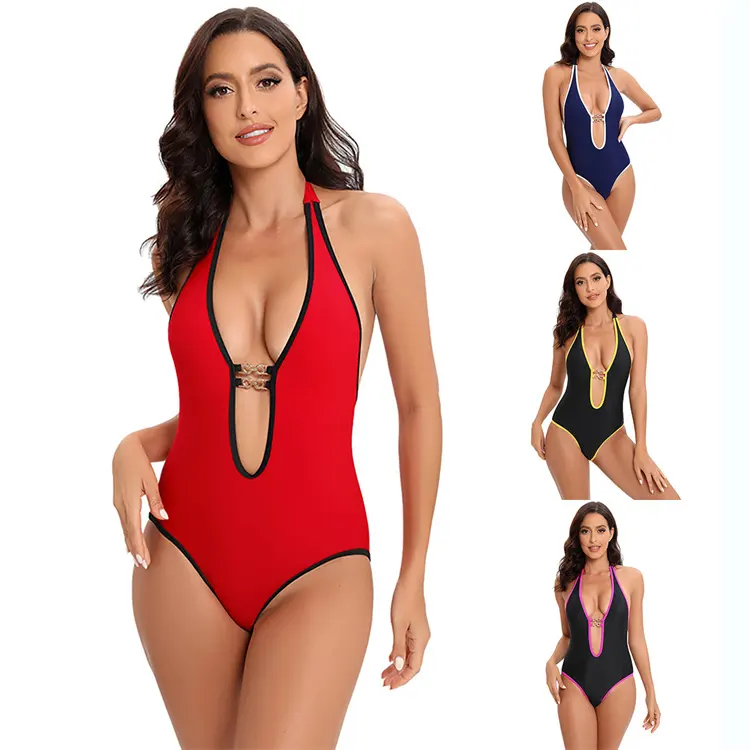 Bikinis 2024 Woman Plus Size One-Piece Swimsuits Bathing Suit With Chains Deep V Neck Brazil Beach Wear High Waist Swimwear