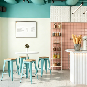 Kafe Bergaya Industrial Cerah Dengan bar Putih Bergelombang, Langit-langit Biru <span class=keywords><strong>Muda</strong></span>, Dan Ubin Dinding Merah <span class=keywords><strong>Muda</strong></span> Yang Manis. - Product Image 4