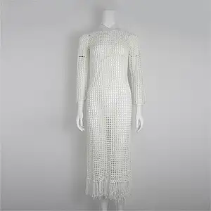 2023 vêtements blanc tunique tricot femmes couverture extérieure Sexy découpe été à manches longues Crochet robe de plage