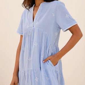 ชุดเดรสผ้าฝ้ายลินินทรงเอ สไตล์ลำลอง คอวี แขนสั้น แต่งระบาย ความยาวปานกลาง สำหรับผู้หญิง  ปรับแต่งได้ตามต้องการ - Product Image 4