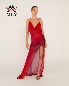 Abito da donna in raso con scollo a immersione increspato da spiaggia con taglio alto rosso Boho Slim Fit gonna lunga alla mezza - Product Image 6