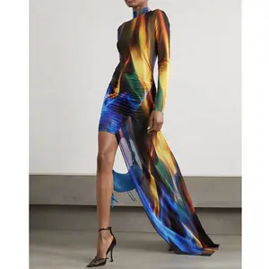 Spring Fashion Colorblock Dress For Women Turtleneck Long Sleeve Patchwork Sheer Mesh Irregular Dresses Female 2024 Clothing