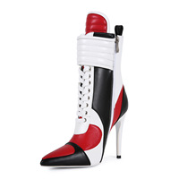 Stivali da donna personalizzati per festival musicali, sexy, in pelle sintetica color block, con lacci, a punta, con tacco a spillo, taglie grandi