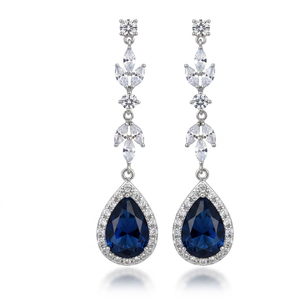 Boucles d'oreilles pendantes en argent 925 avec saphir, plaquées rhodium, forme goutte d'eau, bijoux de mariage classiques pour femmes - Product Image 1