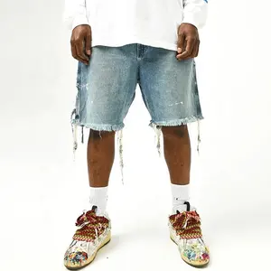 Edge Denim Custom Hot Summer Paint Splatters High Quality Heavy Blue Patchwork Jeans Shorts Men