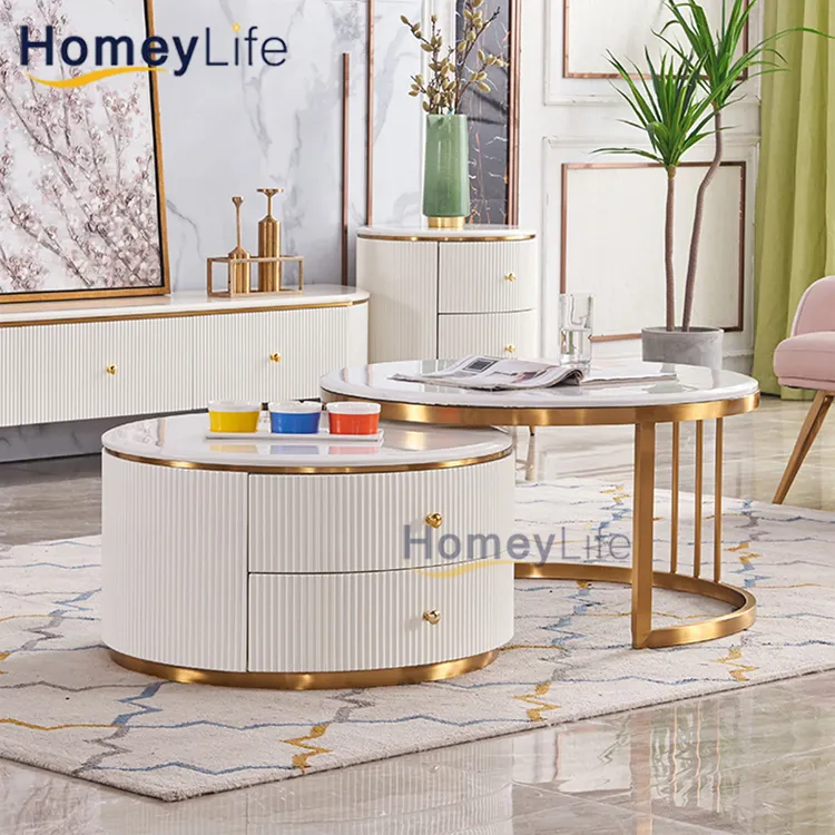 Modern marble center table Stainless Steel Round metal coffee table and end table set