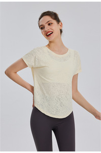 T-shirt de sport athlétique pour femme, transparent, à manches courtes, col rond, avec découpes, taille à nouer, ample et respirant, pour le yoga, la course et la gym - Product Image 2