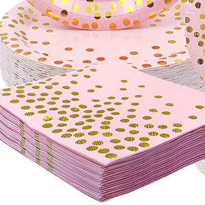 Ensemble de vaisselle jetable rose doré à pois pour fête, assiettes en papier, gobelets, serviettes, couverts pour anniversaire, mariage, événement - Product Image 4