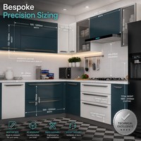 Armário de Cozinha Moderno de Luxo em Aço Inoxidável Azul-Petróleo e Branco, Modular Personalizado em L, Acabamento Fosco Bicolor com Pia e Bancada de Mármore