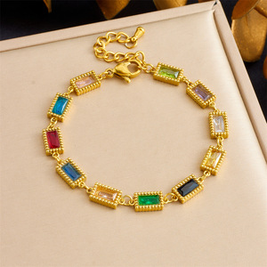 Bracelet chaîne en acier inoxydable plaqué or, micro-pavé, géométrique, coloré, avec motifs ovales, goutte d'eau et carrés, style mode transfrontalier - Product Image 2