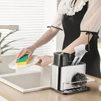 Distributeur de savon 3 en 1 en acier inoxydable, multifonctions, caddie de rangement de cuisine, nettoyeur métallique, dispensateur d'évier, brosse,