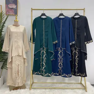 Fashion Muslim women 2 piece Set Baju Kurung 2023 wholesale Jubah Muslim Abaya Floral Baju Kabaya In Malaysia Islamic Clothing