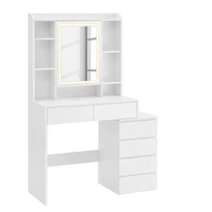 Factory Direct Modern White 6 Drawers Makeup <b>Vanity</b> Table with LED <b>Lighted</b> Mirror and Stool - Product Image 1