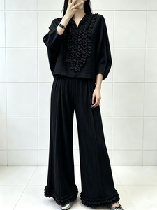Elegant Solid Woven <b>White</b> Ruffled Top with Wide Leg Pants <b>Set</b> Loose Fit Lantern Sleeve Casual Summer Outfit - Product Image 2