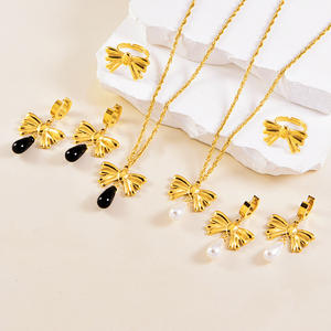 Elegante Juego de Joyería Clásico con Lazo y Flecos en Forma de Lágrima, Chapado en Oro de 18k, Acero Inoxidable, Imitación de Perla, para Compromiso, Boda, Fiesta, Unisex - Product Image 3