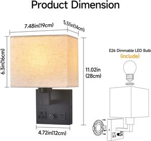 Applique murale intérieure avec abat-jour en tissu, lampes de chevet avec interrupteurs, lampe murale USB pour hôtel, lampe de lecture, applique murale carrée en tissu - Product Image 6