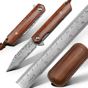 दमिश्क स्टील ब्लेड लोहे लकड़ी संभाल मिनी ईडीसी आउटडोर अस्तित्व तह जेब चाकू आउटडोर गतिविधियों के लिए चमड़े म्यान के साथ
