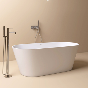 Bañera moderna independiente Maydon, diseño ovalado de superficie sólida con piedra artificial elegante para Baño - Product Image 3