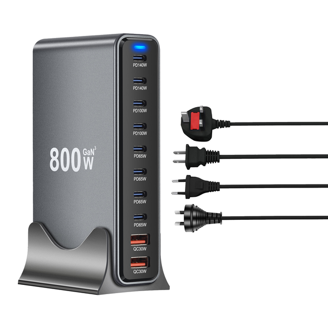 10 Port 800W GaN Desktop Charger 8 USB C 2 USB A, 140W PD 3.1 Multi Device Charging Hub Station for MacBook Pro Laptop Notebook