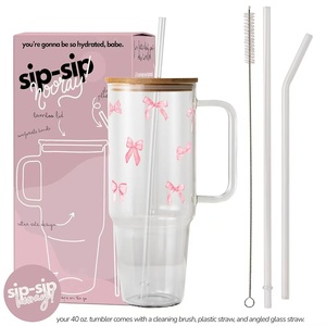 Bicchiere in vetro con fiocco rosa da 40 once con coperchio e paglia, tazza estetica Vintage Coquette, bicchiere da caffè freddo da ragazza morbida, regalo carino - Product Image 5