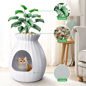 2026 Nieuwe stijlvolle & leuke multifunctionele <span class=keywords><strong>plastic</strong></span> kattenhuisje kleine dierenbed met fluwelen kussen & kunstplant decoratie binnen - Product Image 5