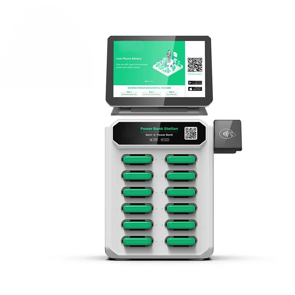 12 khe cắm ngân hàng điện Trạm điện chia sẻ ngân hàng điện cho thuê trạm với màn hình và POS NFC máy