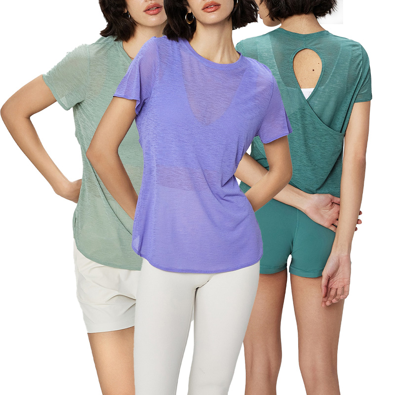 TZ41025 Breathable Sports T-shirt With Hollow Out Design for Women, Round Neck Fitness Short Sleeve Yoga Top