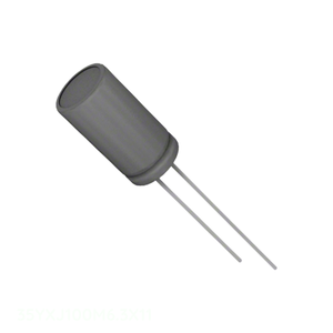 Condensador de canal del fabricante 35YXJ100M6.3X11, 100 uF, de aluminio, 100UF, 20%, 35V, radial, TH, de orificio pasante - Product Image 1