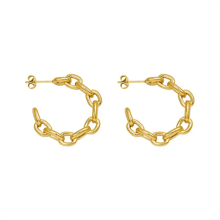 SP INS Style 18K Gold Plated Chain Stud Hoop Double C Shape Earring Bamboo 18k Stainless Steel Geometric Earring