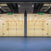 Système d'éclairage LED pour sol en plastique renforcé de fibres de verre avec mur entièrement vitré clé en main FH-VISION, professionnel, commercial, pour terrain de squash