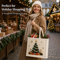 Sac fourre-tout de Noël en toile de coton lavable avec boîte à décorations d'arbre en étoile dorée et imprimé flocon de neige pour les fêtes d'hiver