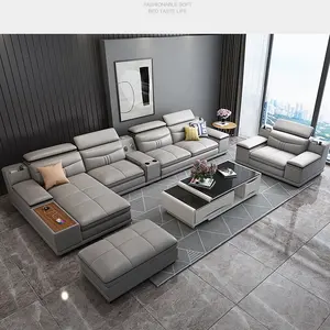 Juego de sofás en forma de L de cuero con diseño moderno, conjunto de sofás de cuero con música para jugar, carga Usb, muebles para sala de estar