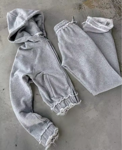 Kadınlar için boy Zip sıkıntılı Hoodie kırpılmış Jogger seti ile asit yıkama yama aplike işlemeli fransız Terry kısa Tops - Product Image 4