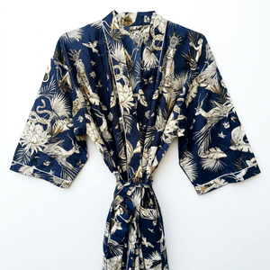 Blue Animal print Women <b>Robe</b> Cotton Kimono Cover Up Casual Summer <b>Beach</b> Wrap Boho <b>robe</b> <b>Beach</b> wear <b>robe</b> Block printed Kimono - Product Image 1