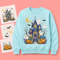 Transfert DTF prêt à presser, motif fantôme, Jack-o'-lantern, chauve-souris, lune souriante, étoile, saison automne, pour sweat-shirt et hoodie