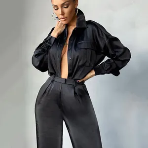 Satin Sexy Pant Suits Women Shirt And Wide Leg Pants 2022 Summer Autumn 2/Two Piece Set Ladies Casual Trousers Matching Sets