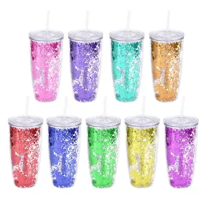 Bicchiere da acqua a doppia parete bicchiere Glitter In plastica acrilico trasparente trasparente con coperchio superiore Flip paglia riutilizzabile BPA gratuito 24oz