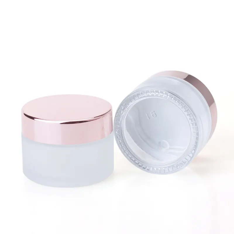 Contenitore cosmetico per crema per il viso in vaso di vetro smerigliato trasparente per la cura della pelle con coperchio in oro rosa 5G 10G 15G 30G 50G 100G