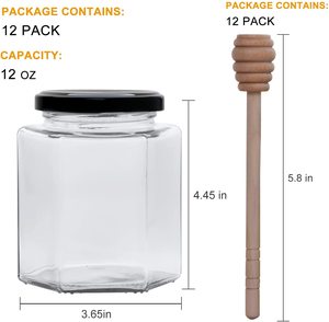 Vasetti di vetro trasparente esagonale 12 once 12 pezzi vasetti di miele in vetro esagonale con coperchi neri bastoncini di miele in legno, pendenti ape Bronzy - Product Image 5