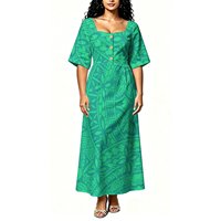 Robe longue décontractée pour femme, imprimé floral tribal polynésien hibiscus, col carré, manches volantées, boutons décoratifs, idéale pour les vacances