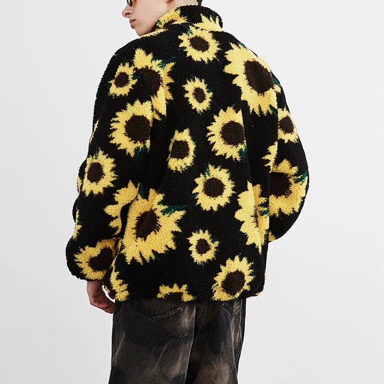 Fashion streetwear jacquard jacket coat men print fleece jacket wholesale custom sunflowers sherpa jacket