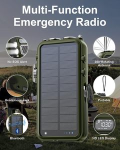 วิทยุฉุกเฉิน พาวเวอร์แบงค์พลังงานแสงอาทิตย์ 16000mAh วิทยุ FM วิทยุพยากรณ์อากาศ เครื่องกำเนิดไฟฟ้าแบบมือหมุน USB-C ชาร์จเร็ว 20W ชาร์จไร้สายกันน้ำสำหรับโทรศัพท์ - Product Image 5