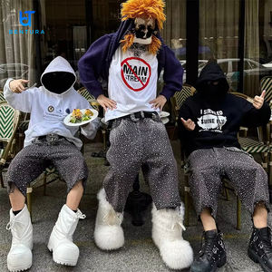 Streetwear Jorts en cristal personnalisés Designer Diamant Strass Ourlet brut vieilli Baggy en jean lavé à la pierre Shorts en jean pour hommes - Product Image 2