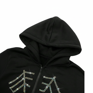 Sweat à capuche unisexe en molleton thermique 100 % coton, entièrement zippé, brodé sur mesure, avec strass noirs tendance, haute qualité, hiver, 2 pièces - Product Image 1