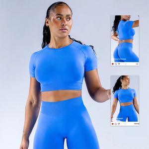Combinaison de sport sans couture pour femmes, nouveau style, haut à manches courtes, décolleté court, respirant, yoga pour - Product Image 4