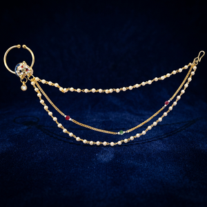 Indian Mores Multicolor Peacock Nath Nose Ring Pearl <b>Studded</b> Stone Embellished <b>Chain</b> Bridal Ethnic Statement Jewelry for Women - Product Image 3
