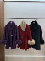 Manteau en laine pour femme OFTBUY, hiver automne, col et poignets en vraie fourrure de renard, avec ceinture, cape double face, manches chauve-souris