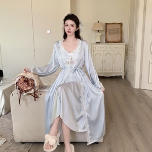 Meryjia Set di indumenti <span class=keywords><strong>da</strong></span> <span class=keywords><strong>notte</strong></span> di lusso 2 pezzi Vintage <span class=keywords><strong>camicie</strong></span> <span class=keywords><strong>da</strong></span> <span class=keywords><strong>notte</strong></span> <span class=keywords><strong>lunghe</strong></span> <span class=keywords><strong>da</strong></span> <span class=keywords><strong>donna</strong></span> e vestaglia in raso di seta con motivo solido - Product Image 5