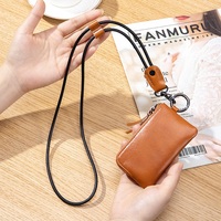 Dompet Kunci Kulit Asli Mini, Kantong Leher, Dompet Koin, Tempat Kartu, Resleting, dengan Tali Pengikat yang Dapat Disesuaikan, untuk Perjalanan