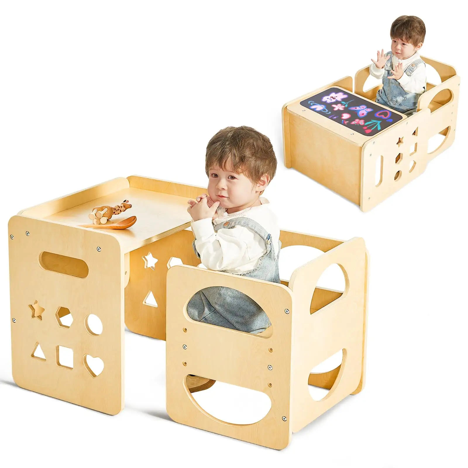 Set tavolo e sedia Montessori 2 in 1 in legno con lavagne, sgabello a gradino regolabile in altezza, per bambini di 1-3 anni